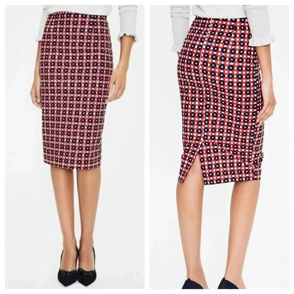 NWOT Boden Richmond MIDI Pencil Skirt Cotton Printed Navy Red White‎ Size 4 Long